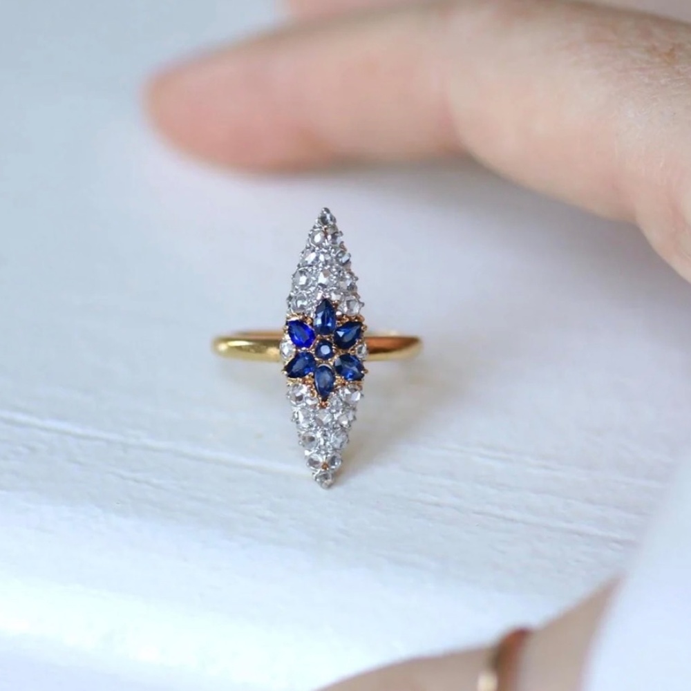 French Antique Diamond and Sapphires Marquis Flower Ring - Picture 3 of 6
